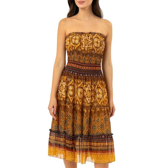 1990s Vintage Silk Strapless Dress Flowy Midi Dress Size Small Brown Tan Boho - Picture 1 of 10